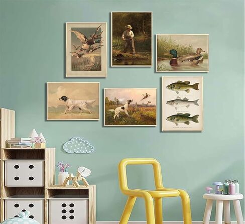 6Pcs Nursery Hunting Wall Art Vintage Fishing Boy Wall Decor Mallard Duck Painting Pictures Hunting Dog Pheasant Posters Prints for Boys Room Farmhouse Canvas Unframed in Saudi Arabia