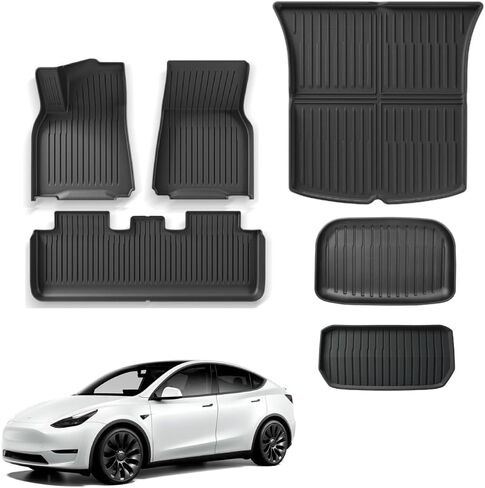 Floor Mats for Tesla Model Y 2024 2023 2022 2021 TPE All Weather Protection Floor Mats Set (6 Pieces),Custom Fit Cargo Liner Cargo Trunk Accessories,Heavy Duty Accessories,Black in Saudi Arabia