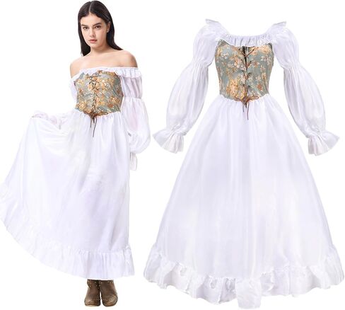 White Renaissance Dress Women Medieval Victorian Costume Ren Faire Off The Shoulder Corset Dress Cosplay Princess Fairy Elf in Saudi Arabia