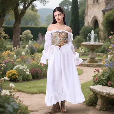 White Renaissance Dress Women Medieval Victorian Costume Ren Faire Off The Shoulder Corset Dress Cosplay Princess Fairy Elf in Saudi Arabia