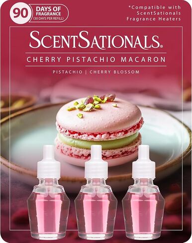 ScentSationals Cherry Pistachio Macaron Fragrance Oil Plug In Air Freshener Refills 3-Pack - Works with Scentsationals Wall Plugs, Long-Lasting Home Fragrance, 0.8 fl oz Each, Packaging May Vary in Saudi Arabia