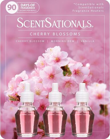 ScentSationals Cherry Blossoms Fragrance Oil Plug In Air Freshener Refills 3-Pack - Works with Scentsationals Wall Plugs, Long-Lasting Home Fragrance, 0.8 fl oz Each, Packaging May Vary in Saudi Arabia