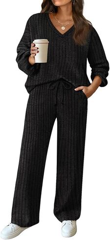 TIYOMI Plus Size Suits For Women 2 Piece Outfits Sweater Top & Wide Leg Pants XL-5XL in Kuwait