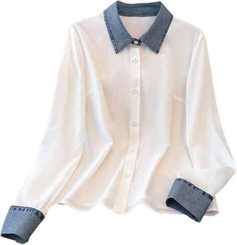 GORGLITTER Women's Dressy Button Down 2 in 1 Blouse Long Sleeve Patchwork Collared Trendy Shirt Tops in Saudi Arabia