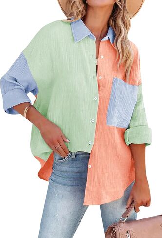 TYQQU Women's Basic Button Up Coat V Neck Shirts Long Sleeve Casual Loose Blouse Fall Simple Plus Size Tops in Saudi Arabia