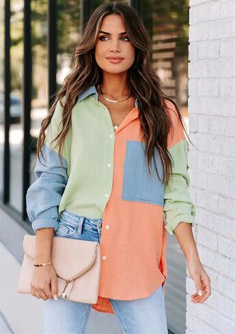 TYQQU Women's Basic Button Up Coat V Neck Shirts Long Sleeve Casual Loose Blouse Fall Simple Plus Size Tops in Saudi Arabia