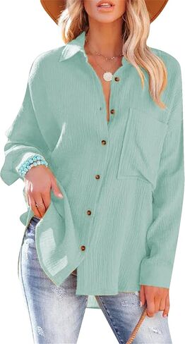 TYQQU Women's Basic Button Up Coat V Neck Shirts Long Sleeve Casual Loose Blouse Fall Simple Plus Size Tops in Saudi Arabia