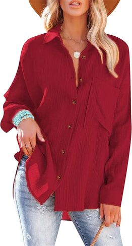 TYQQU Women's Basic Button Up Coat V Neck Shirts Long Sleeve Casual Loose Blouse Fall Simple Plus Size Tops in Saudi Arabia
