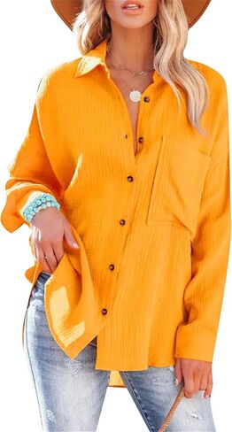 TYQQU Women's Basic Button Up Coat V Neck Shirts Long Sleeve Casual Loose Blouse Fall Simple Plus Size Tops in Saudi Arabia