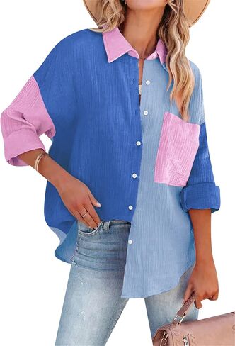 TYQQU Women's Basic Button Up Coat V Neck Shirts Long Sleeve Casual Loose Blouse Fall Simple Plus Size Tops in Saudi Arabia
