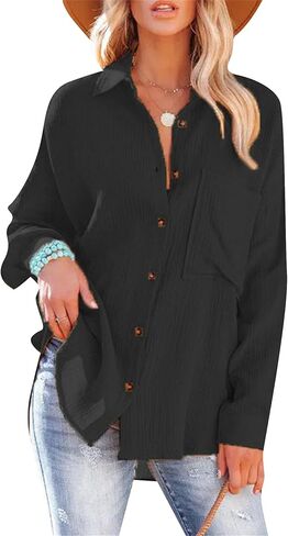 TYQQU Women's Basic Button Up Coat V Neck Shirts Long Sleeve Casual Loose Blouse Fall Simple Plus Size Tops in Saudi Arabia