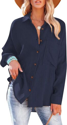 TYQQU Women's Basic Button Up Coat V Neck Shirts Long Sleeve Casual Loose Blouse Fall Simple Plus Size Tops in Saudi Arabia