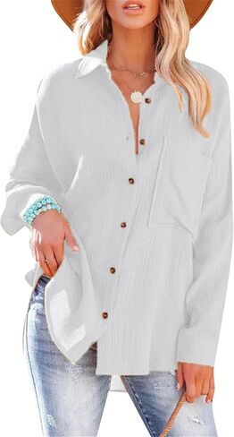 TYQQU Women's Basic Button Up Coat V Neck Shirts Long Sleeve Casual Loose Blouse Fall Simple Plus Size Tops in Saudi Arabia