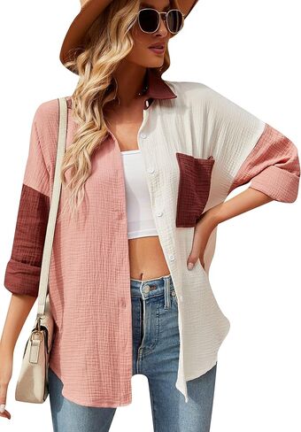 TYQQU Women's Basic Button Up Coat V Neck Shirts Long Sleeve Casual Loose Blouse Fall Simple Plus Size Tops in Saudi Arabia