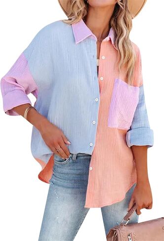 TYQQU Women's Basic Button Up Coat V Neck Shirts Long Sleeve Casual Loose Blouse Fall Simple Plus Size Tops in Saudi Arabia