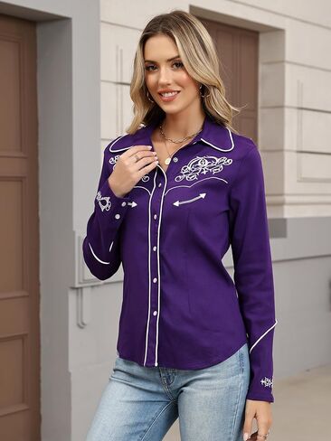 Western Shirts for Women Cowgirl Embroidered Long Sleeve Snap Button Blouse in Saudi Arabia