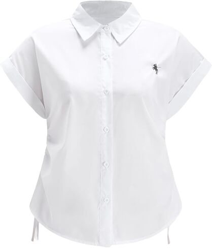 Women's Button Down Drawstring Ruched Shirt Summer Short Sleeve Collared Dressy Casual Blouses in Saudi Arabia