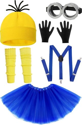 6 Pcs Adult Halloween Costume Accessories,Yellow Beanie/Tutu Skirt/Stockings/Suspenders/Goggles/Gloves Cosplay Set in Kuwait