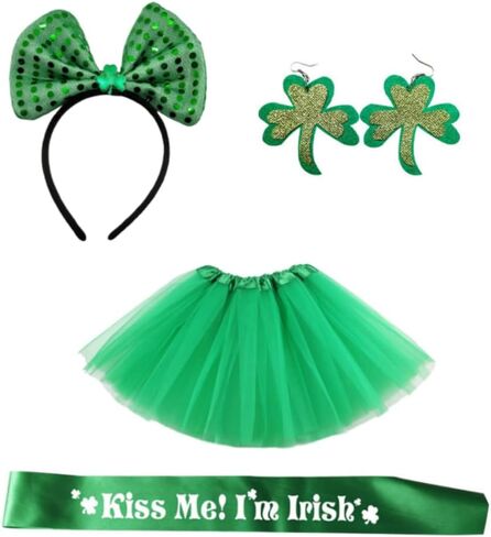 مجموعة أزياء عيد القديس باتريك مكونة من 4 قطع، تنورة توتو خضراء، أقراط شامروك، عصابة رأس على شكل ربطة عنق، وشاح، مجموعة إكسسوارات الحفلات للنساء، ديكورات أيرلندية in Kuwait