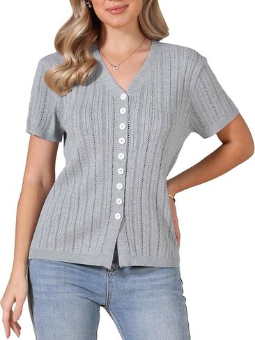 Allegra K Eyelet Tops for Women's Summer V Neck Short Sleeve Knit Button Down Shirts in Saudi Arabia