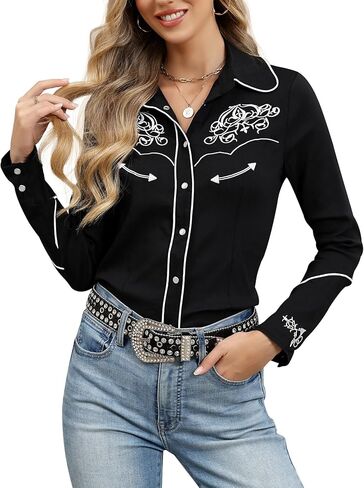 Western Shirts for Women Cowgirl Embroidered Long Sleeve Snap Button Blouse in Kuwait