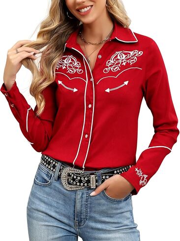 Western Shirts for Women Cowgirl Embroidered Long Sleeve Snap Button Blouse in Saudi Arabia