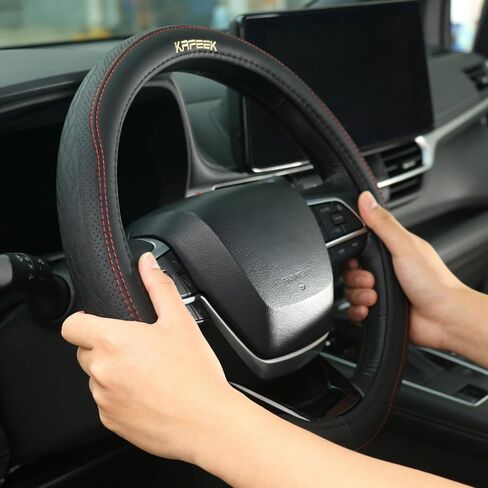 KAFEEK 15 inch Steering Wheel Cover, Breathable Perforated Microfiber Leather, Sporty Diamond Texture, Anti-Slip Red Stitching Car Steering Wheel Protector, Universal Fit for Cars SUVs Trucks, Black in Kuwait