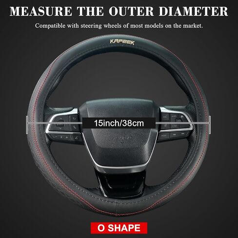 KAFEEK 15 inch Steering Wheel Cover, Breathable Perforated Microfiber Leather, Sporty Diamond Texture, Anti-Slip Red Stitching Car Steering Wheel Protector, Universal Fit for Cars SUVs Trucks, Black in Kuwait