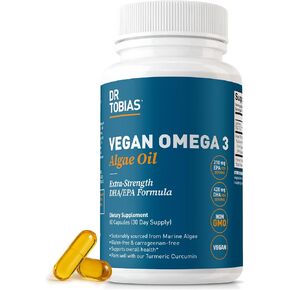 Dr. Tobias Vegan Omega 3 Algae Oil, 1400mg Vegan Omega 3 Supplement with Extra-Strength Vegan DHA EPA, Non-GMO, Gluten-Free, Marine Algae Omega 3 Vegan, 420mg DHA & 210mg EPA, 60 Capsules, 30 Servings in Kuwait