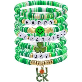 7-Piece St. Patrick's Day Bracelets,Green Clay Elastic Stackable Set with Shamrock & Luck Charms,Irish Themed Jewelry,Stretch Bracelets for Men & Women,Holiday Gifts & Party Favors in Kuwait