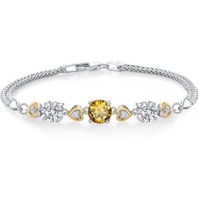 Gem Stone King 925 Silver and 10K Yellow Gold Champagne Quartz and Lab Grown Diamond Bracelet For Women | 2.81 Cttw | Gemstone Birthstone | Round 7MM & 6MM | Size 7 Inch | Made In Italy in Saudi Arabia