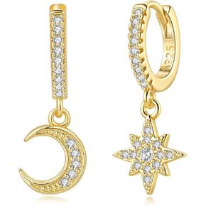 925 Sterling Silver Huggie Earrings for Women, Moon and Star Drop Earring Cute Celestial Jewelry Gifts for Everyday Wear in Saudi Arabia