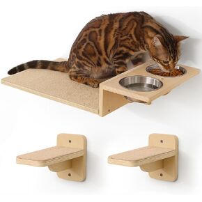 أرفف حائط للقطط من فوكومارو، مجموعة أثاث حائط للقطط 3 في 1، محطة طعام للقطط مع درجتين للحائط، مجثم قطط من الخشب المطاطي الصلب، مناسبة للعب القطط، والقيلولة، وتناول الطعام، وصالة الألعاب الرياضية الجدارية في الغابة in Kuwait