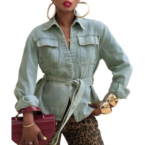 المرأة الدنيم سترة حزام خصر كم طويل الأزرق الدنيم معطف جيوب الوقوف طوق جان سترة للنساء العصرية 2026 in Kuwait