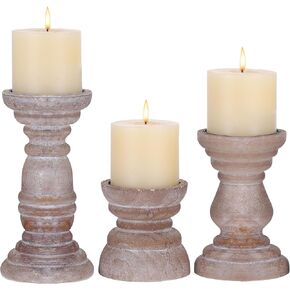 مجموعة حوامل شموع على شكل عمود خشبي ريفي مكونة من 3 قطع باللون البني المتعثر، طراز فلورنسا، حامل شموع خشبي للمزرعة، حامل شموع خشبي، حاملات شموع خشبية صغيرة، غرفة المعيشة، قطعة مركزية للطاولة in Kuwait