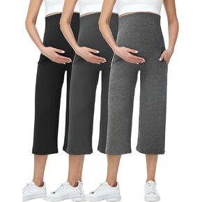 3 Pack Women's Maternity Capris Over Belly Wide Leg Yoga Pants Stretchy Casual Pregnancy Cropped Pants in Kuwait