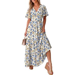 Caracilia Womens Summer Maxi Dresses Casual Ruffle Short Sleeve V Neck Tiered A-Line Flowy Boho Beach Long Dress with Pockets in Kuwait