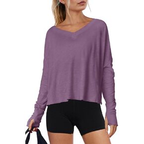 Yanekop Womens Long Sleeve Workout Tops V Neck Athletic Shirts Crop Gym Yoga Tops Basic Boxy Running Tee Shirts in Kuwait