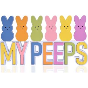 Easter Bunny Decorations for Home, 8PCS Wooden Easter Bunnies with 3D MY/PEEPS Signs, Spring Tiered Tray Decor Set for Table Centerpiece, Office, Holiday Display (6 colors) in Kuwait