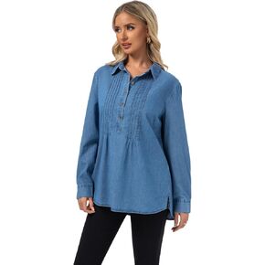 FASHIONSPARK Women’s Denim Shirt 3/4 Sleeve Button Down Jean Blouse, Loose Fit Casual Top with Pintuck Detail in Saudi Arabia