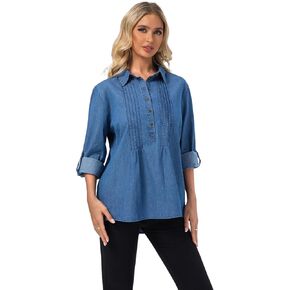 FASHIONSPARK Women’s Denim Shirt 3/4 Sleeve Button Down Jean Blouse, Loose Fit Casual Top with Pintuck Detail in Kuwait