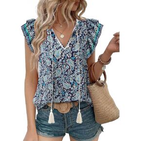 بلوزات كاجوال نسائية صيفية من Unixseque بربطة أمامية كاجوال وقمصان ذات أكمام مكشكشة من طراز Boho in Kuwait