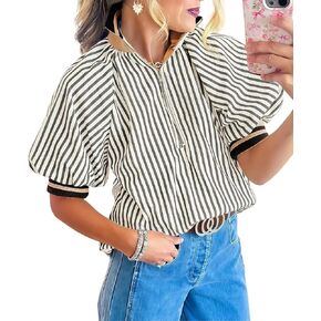 بلوزة نسائية مخططة بأكمام منتفخة، نصف سحاب، فضفاضة، كتلة الألوان، مضلعة، بياقة، سوداء in Kuwait