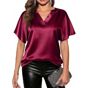 Womens Stretchy Silky Satin Blouses for Women Business Casual V Neck Batwing Sleeve Dressy Work Blouse Tops in Kuwait