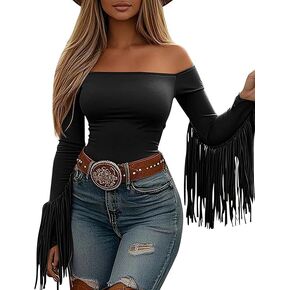 بلوزة نسائية قصيرة ذات أكتاف مكشوفة ذات أهداب غربية - زي حفلات راعية البقر قابل للتمدد بأكمام طويلة in Kuwait