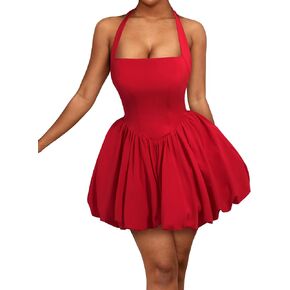 LovelyWholesale Women Halter Bubble Dress Sexy Backless Lace Back Mini Dresses Summer Party Club in Kuwait
