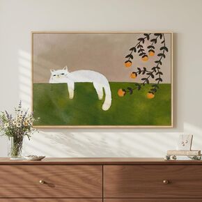 Framed Neutral and Green Wall Art for Bedroom Decor, Large Cozy Cat Canvas Painting Artwork for Room Walls, Green Picture Print for Dining Room Nursery Guest Room Hallway Wall Art Decor, 24x36 Inch in Kuwait