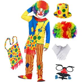 مجموعة زي المهرج المضحك للمراهقين البالغين 7 قطع بذلة ملونة مع شعر مستعار مجعد ونظارات منقطة وقبعة وحفلات الهالوين in Kuwait