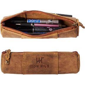 Leather Pencil Case -100% Leather Zippered Pen Pouch - Stationery Bag Pen Holder for Work & Office (Antique Brown) in Kuwait