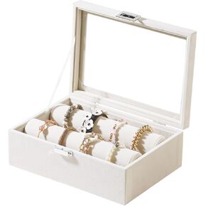 حامل عرض الأساور مع قضبان لأساور الساعات، صندوق تخزين منظم المجوهرات مع غطاء شفاف (بيج) in Kuwait